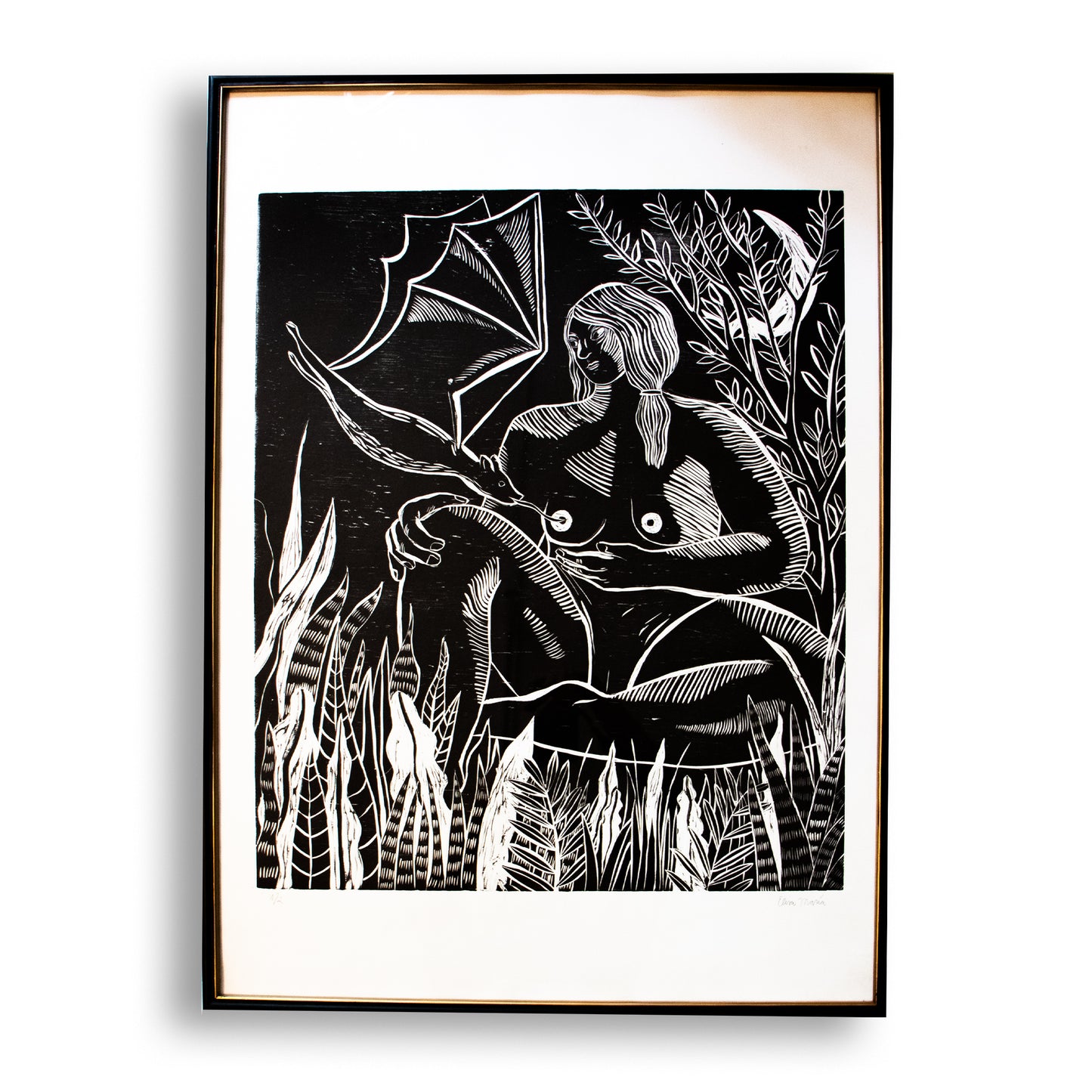 Cuadro La noche - Xilografía mujer y murciélago