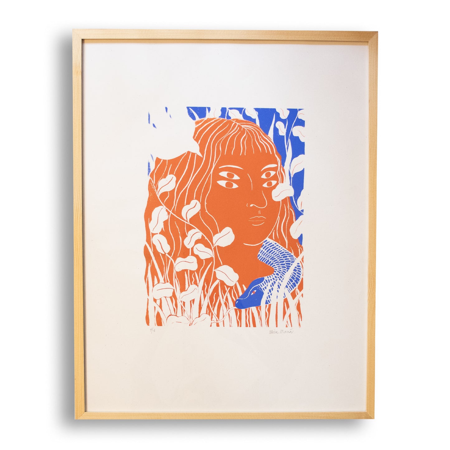 Cuadro Viaje - Serigrafía mujer y serpiente - azul y naranja