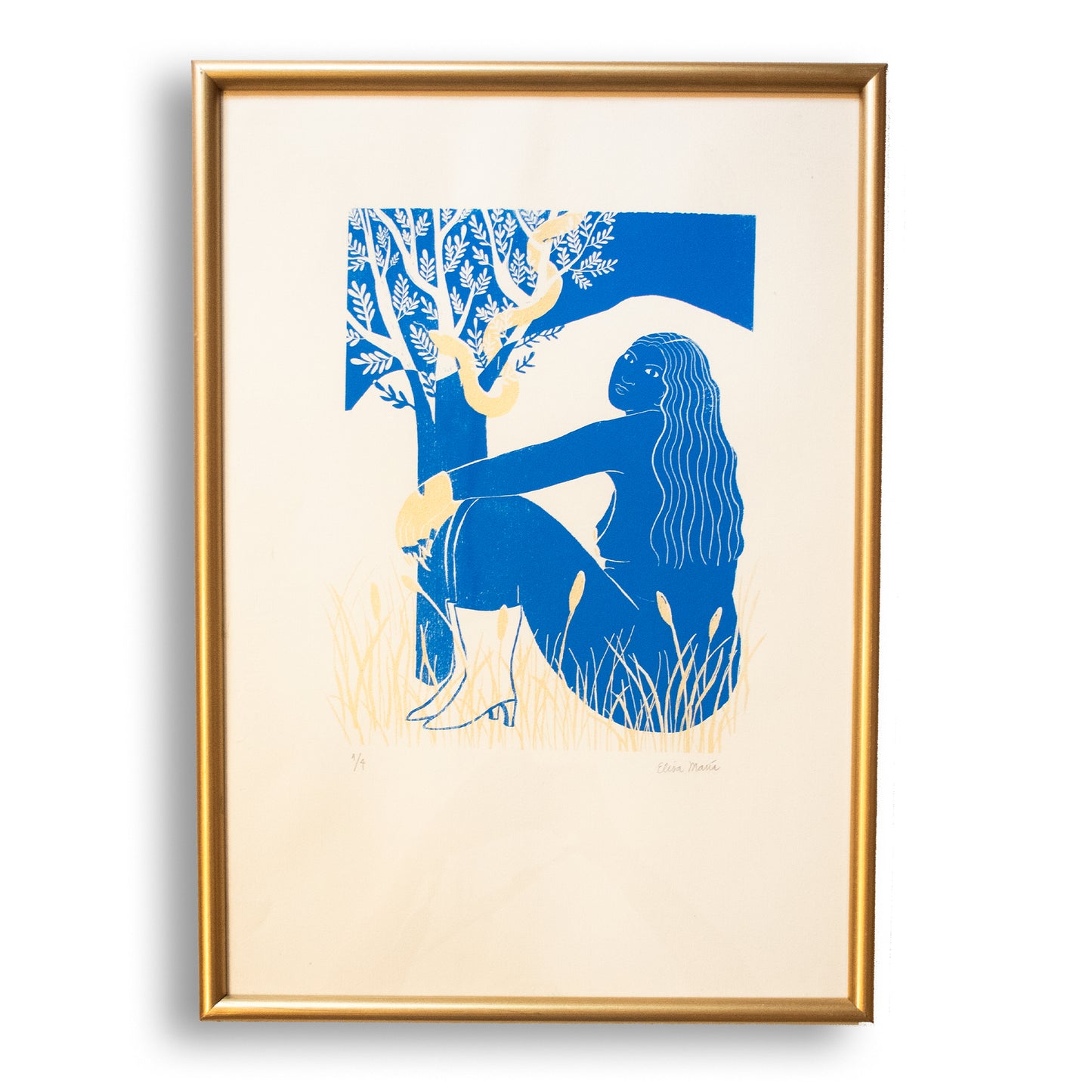Cuadro Lilith - Serigrafía mujer y serpiente - azul y dorado